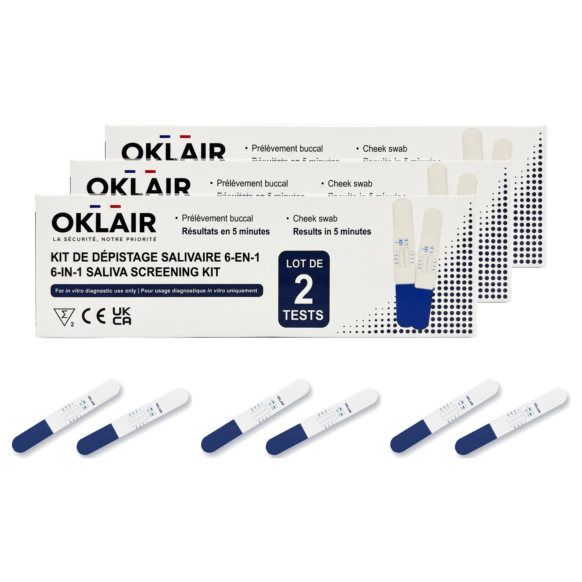 Lot de 6 tests salivaires OKLAIR, 3 boîtes de 2