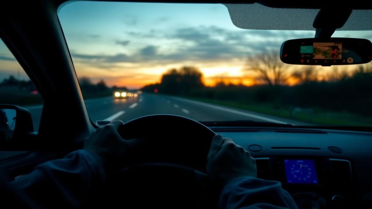 Conducteur au volant sur une route au crépuscule