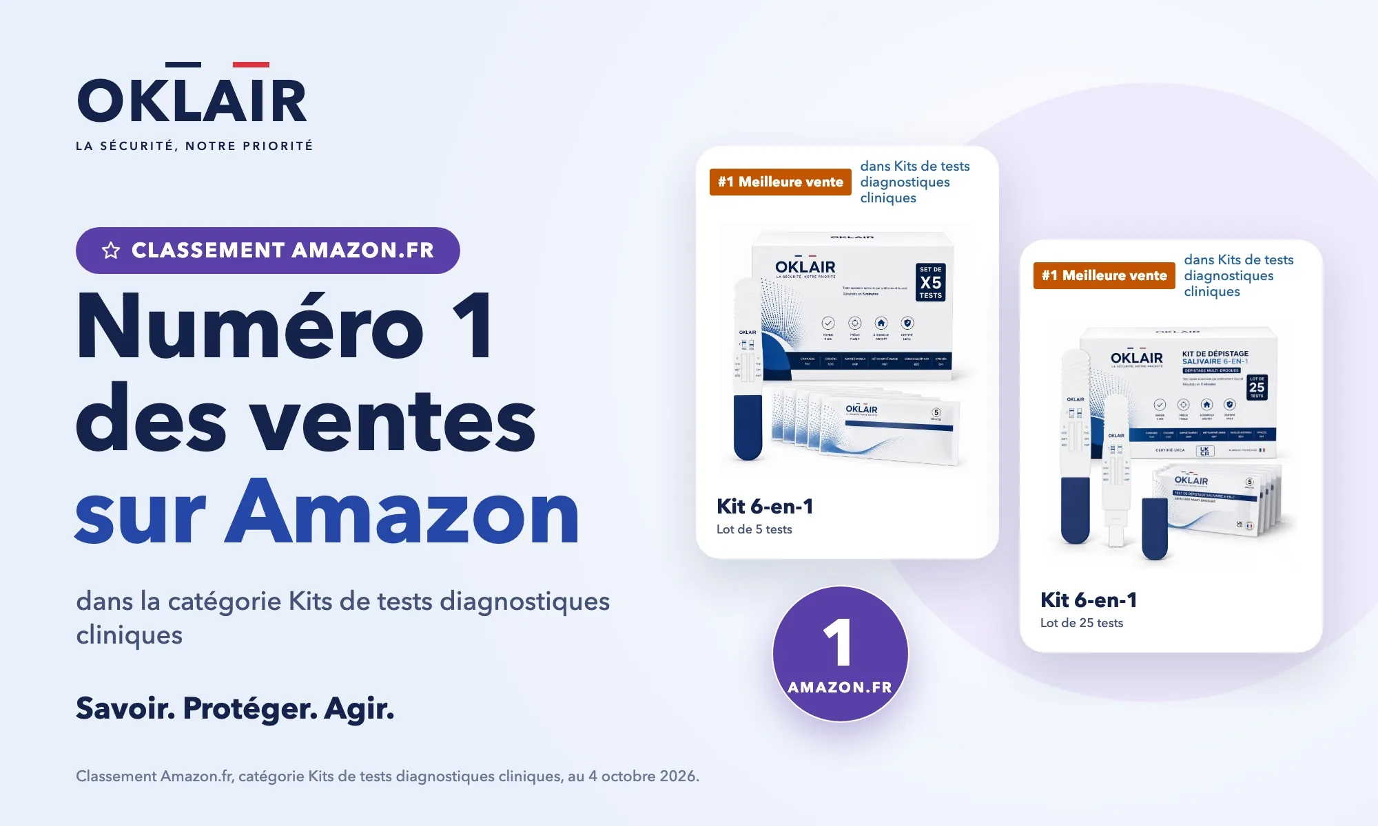 OKLAIR, numéro 1 des ventes sur Amazon.fr dans la catégorie Kits de tests diagnostiques cliniques, classement du 4 octobre 2026
