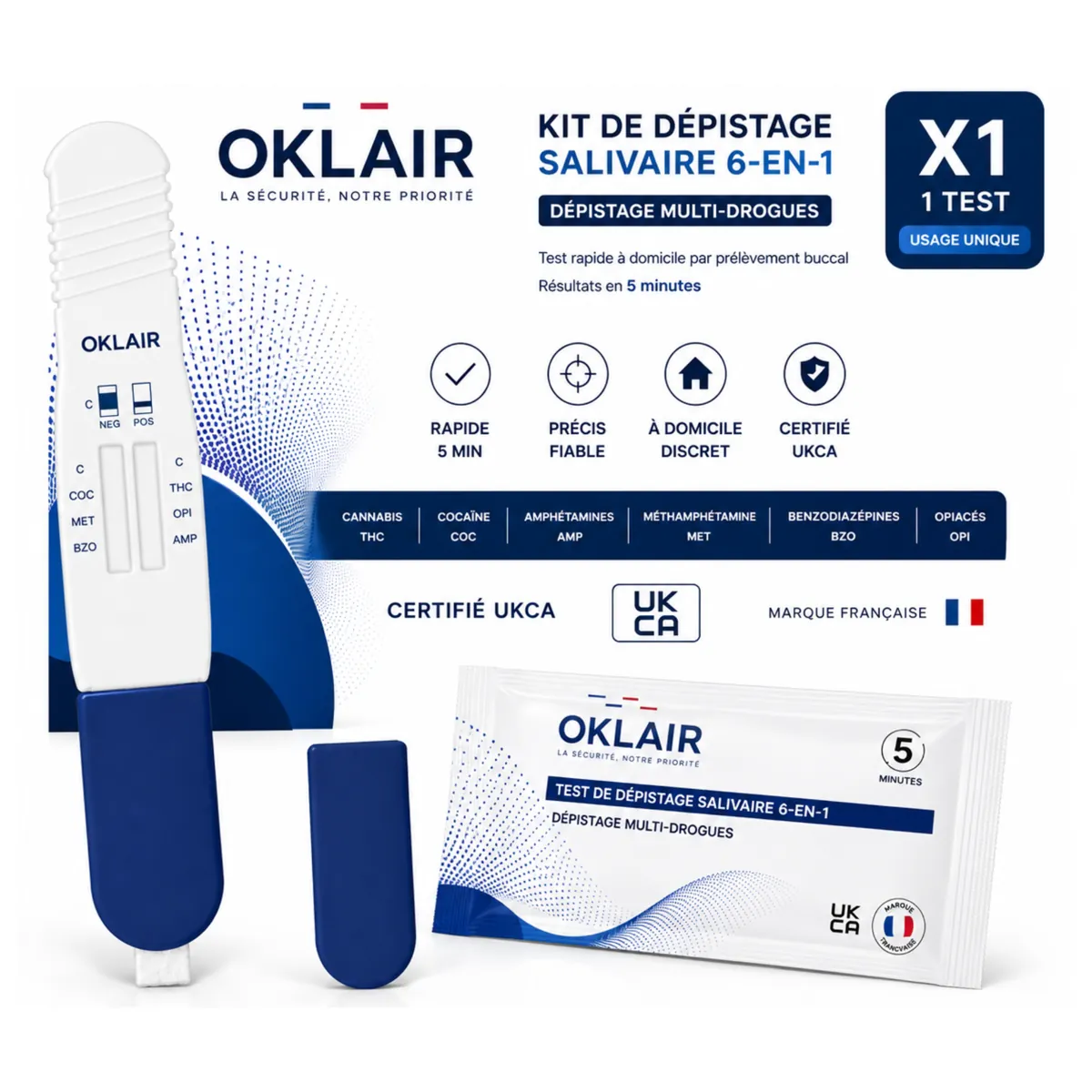 Boîte du kit OKLAIR 1 test salivaire 6 en 1